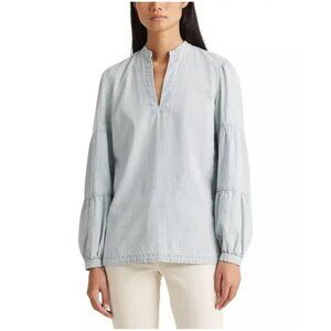 Lauren Ralph Lauren Chambray V-Neck Top Long Sleeve Vintage Chambray Wash Medium
